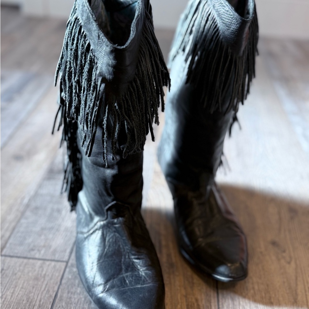 Vintage Black Fringe Leather Mid-Calf Women's Boots - Picture 5 of 13